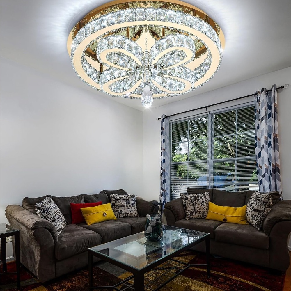 (NEW) Modern Gold Flush Crystal Flush Mount Ceiling Chandelier - 20”x10” - Picture 8 of 11